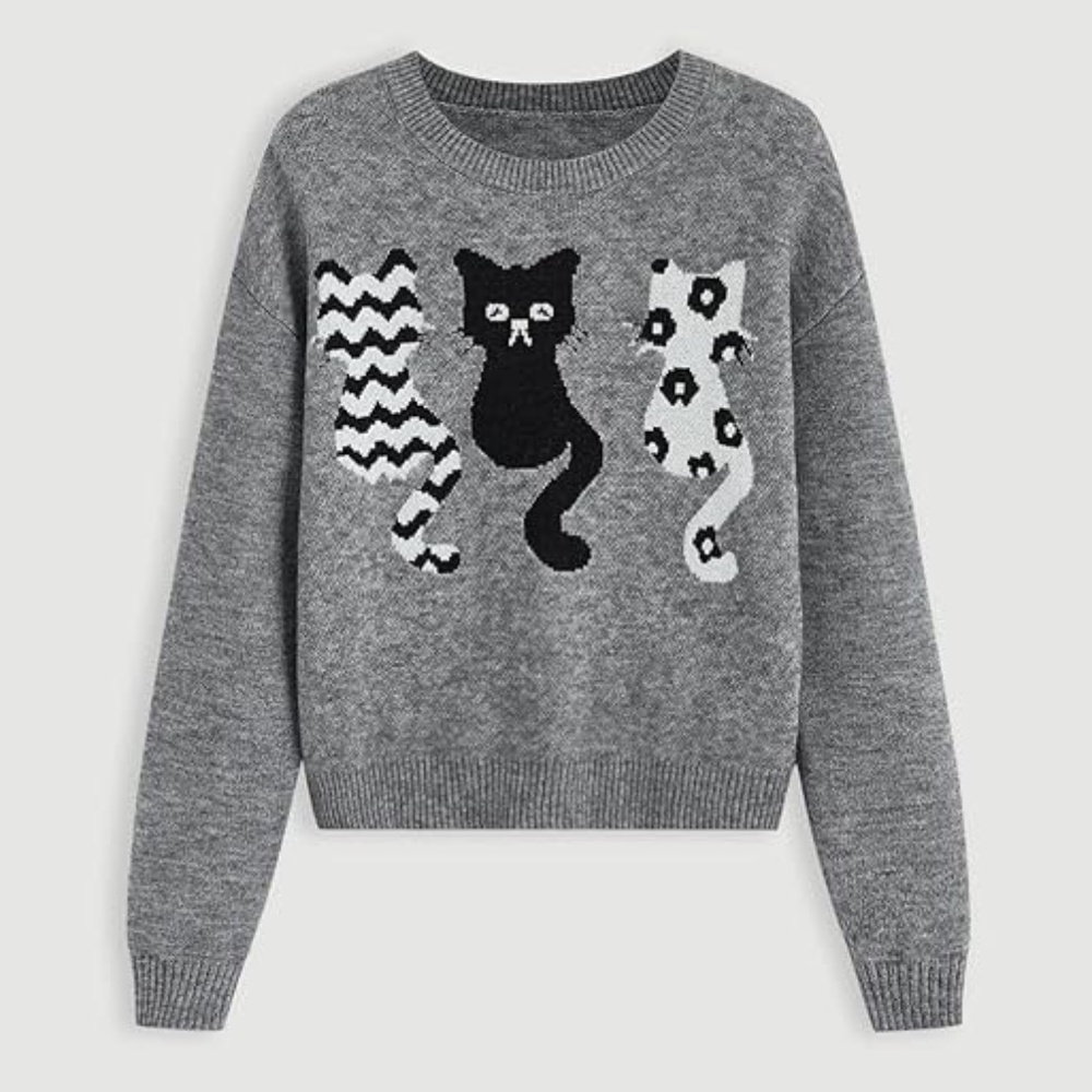 Cat Print Pattern Drop Shoulder Sweater Relaxed Fit Size Small